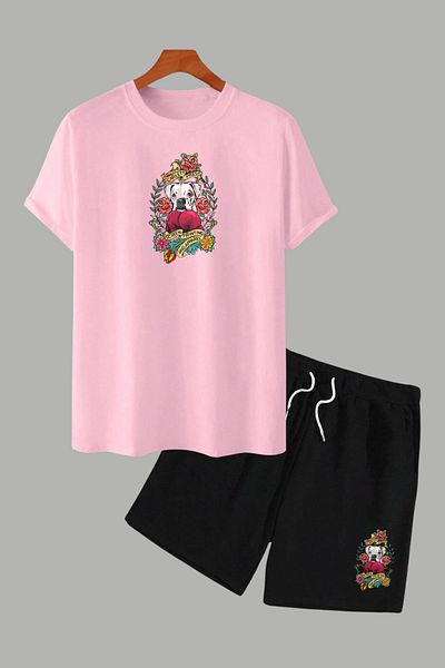MELADYAN Boxer Dog Printed Pink T-Shirt Black Shorts Bottom Top Set