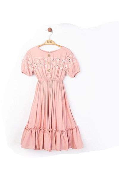 Elayza Rochie cu nasturi cu broderie si talie elastica pentru fete