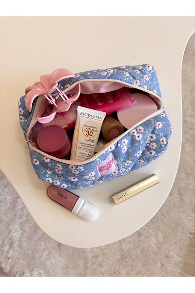 girlsybags Geantă de machiaj cu flori albastre, cu model de flori, geantă portofoliu cu fermoar de dimensiuni mari și mici