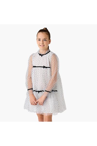 Juniors All-Over Polka Dot Print A-Line Dress With Long Sleeves And Bow Detail