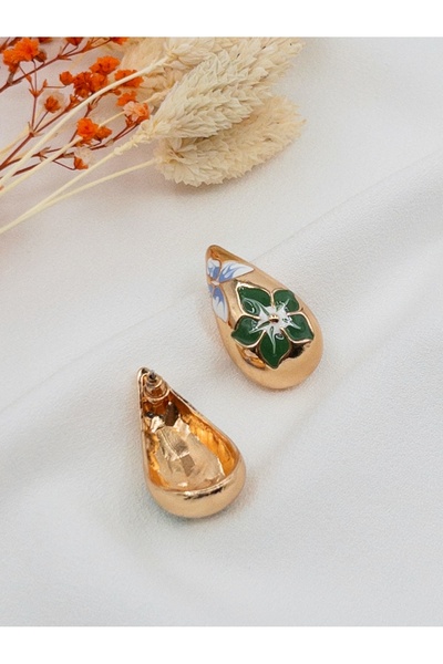 Siya Silver Mavi Yeşil Çiçek Desenli Vintage Damla Küpe