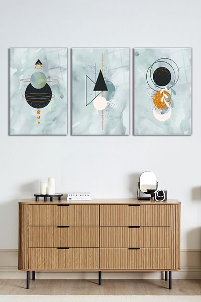 Rosyvien Desene geometrice moderne Combinați set de 3 piese de pictură din sticlă, decor de perete pentru casă și birou, cadou de lux