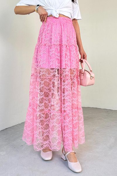 Cappmoda ETK-02336 Fusta de vară cu căptușeală roz, cu modele florale, din tul