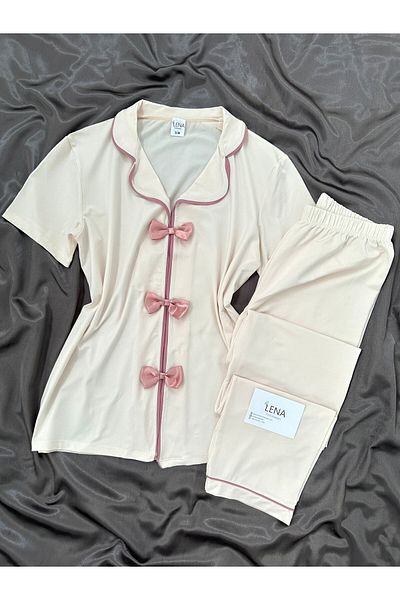 Lena Homewears Set de pijamale cu mânecă scurtă cu fundă pentru femei