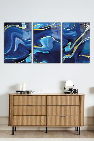 Rosyvien Blue Gold Gold Transitional Model Modern Set 3 piese Masă din sticlă, Decor de perete pentru casă și birou, Cadou de lux