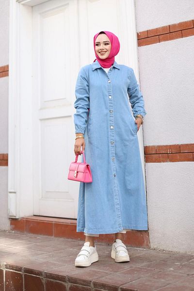 HARMAN BUTİK Women's Denim Jeans Trench Coat with Pockets and Buttons