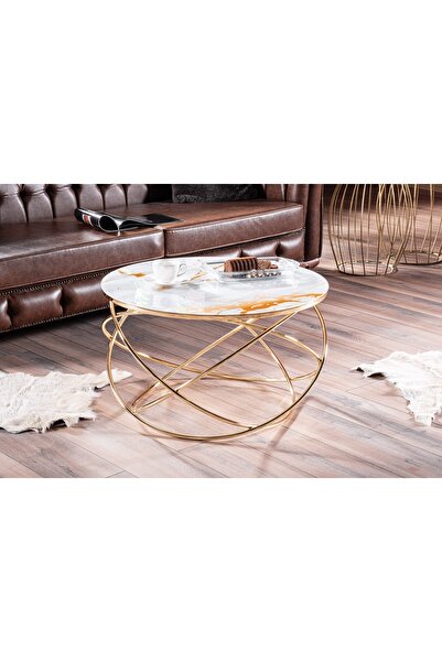 Puklife Gezegen Orta Sehpa Gold Renk Metal Ayak Beyaz Mermer Desenli Kırılmaz Cam