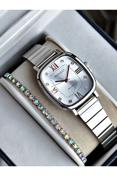 Ferrucci Gold Color Square Model Roman Numeral Stylish Design Women's Wristwatch + Bracelet
