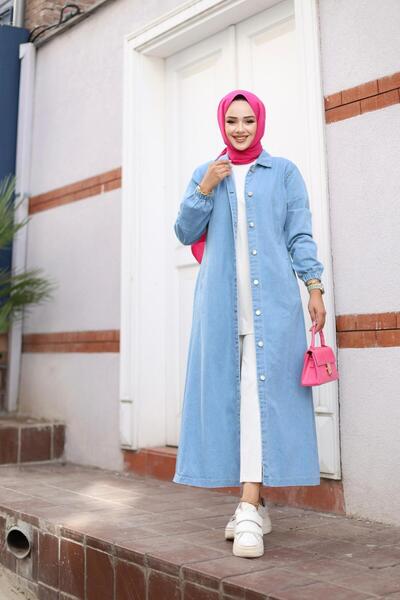 HARMAN BUTİK Women's Denim Jeans Trench Coat with Pockets and Buttons
