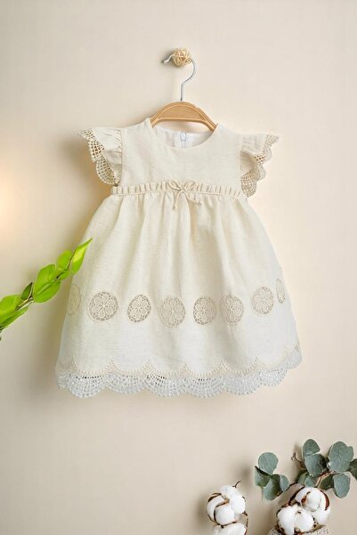 Mymio %100 Pamuk Kız Bebek  Güpür Detaylı Keten Elbise 1. Sınıf