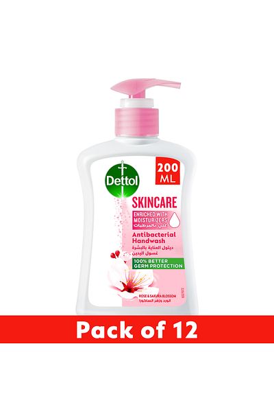 Dettol Skincare Handwash Liquid Soap Pump Rose & Sakura Blossom Fragrance, 200ml X 12