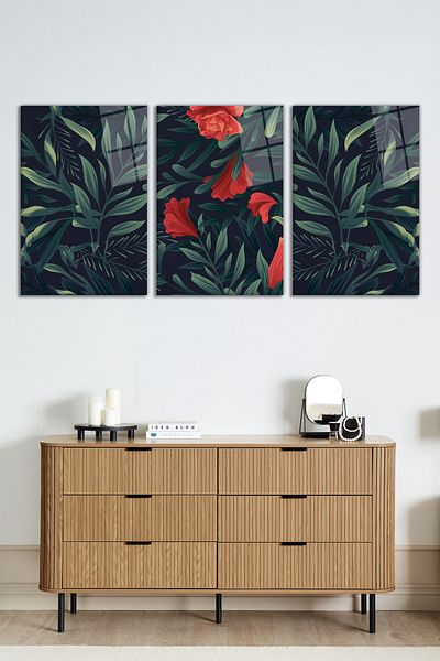 Rosyvien Red Floral Leaves Combination 3 Piece Set Glass Painting, Home and Office Wall Decoration, Luxury Gift