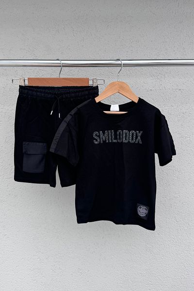 KALBEN ÇOCUK Boy's Black T-Shirt & Pocket Shorts Set - Summer 2-Piece Combination (4-14 Years)