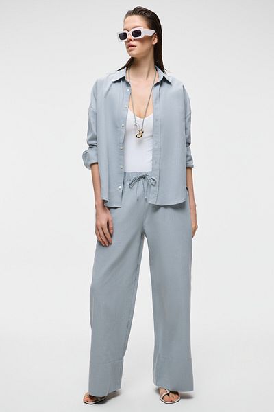 GRIMELANGE Vesta Women's 100% Cotton Linen Look Flared Oversize Gray Shirt