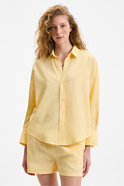 GRIMELANGE VESTA Kadın %100 Pamuk Keten Görünümlü Flamlı Oversize Sarı Gömlek