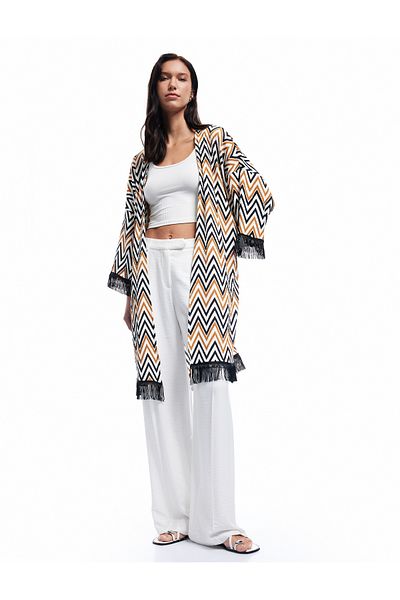Koton Comfortable Fit Tasseled Geometric Patterned Long Kimono