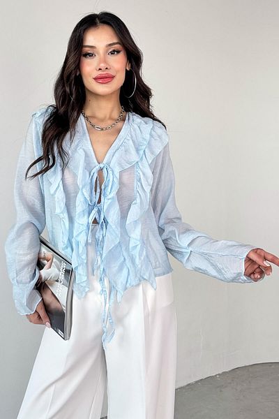 Cappmoda BLZ-06287 Baby Blue Ruffle Λεπτομερής μακρυμάνικη μπλούζα με κορδόνια