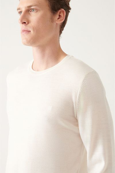 Avva Men's White Crew Neck Wool Blended Knitwear Sweater E 005013