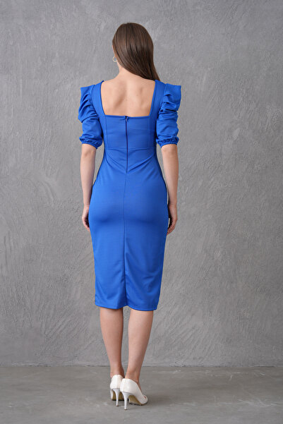 barış sülün lovebox Flexibilná látka Štvorcový výstrih Midi dĺžka Krátky rukáv Modré večerné šaty promócie 026