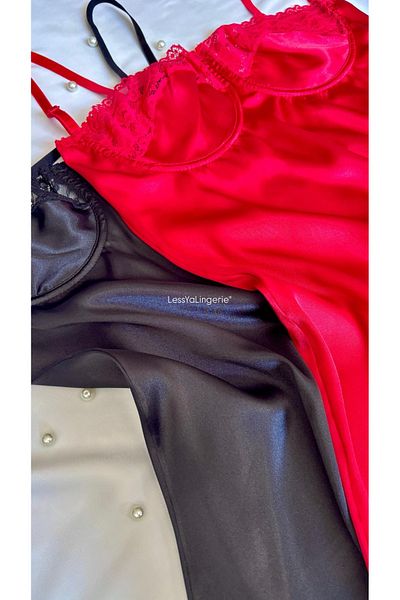 Lessya 2 Piece Satin Nightgown Red and Black