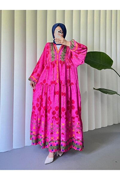 Modamorfo Φόρεμα βισκόζης με μισό κουμπί γιακά με ελαστικό μανίκι