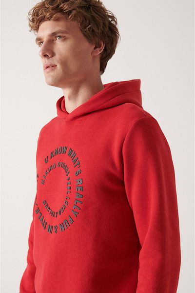 Avva Men's Red Hooded 3 Thread Raised Printed Sweatshirt A22Y1110
