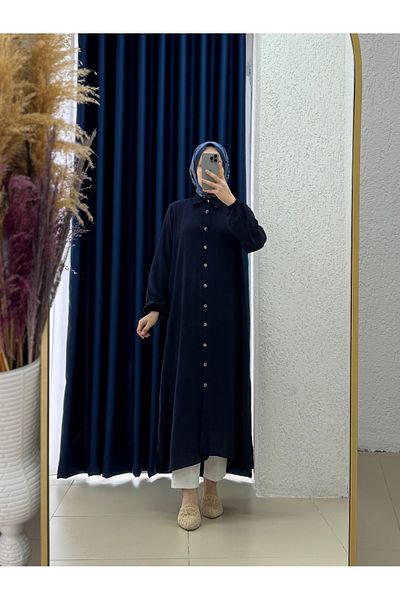 Ebrar Store Treva Front Metal Buttoned Side Slit Tunic-Fa876 Navy Blue