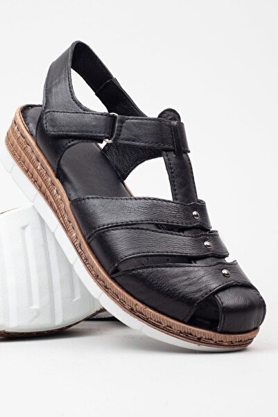 Adım Adım Women's Genuine Leather Orthopedic Black Sandals