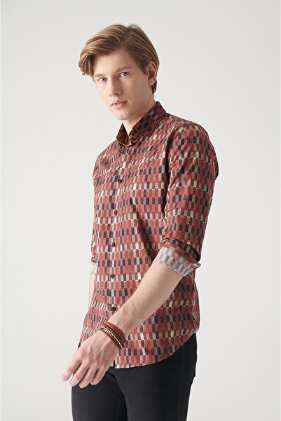 Avva Erkek Bordo Soyut Desenli %100 Pamuk Gömlek A22Y2005