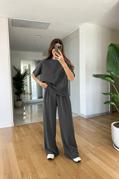 YAKAMEL Kadın Kısa Kollu Modal Penye Yüksek Bel Bol Paça Eşofman Takımı