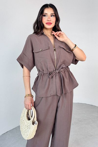Cappmoda Tkm-03704 Brown Zippered Pocket Detailed Jacket Loose Trousers Double Set