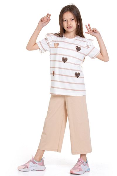 CiciTime Çocuk Modası Girl's Sleeve Ruffled Heart Embroidered Daily Comfortable Summer Suit