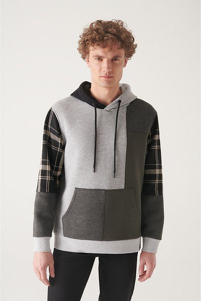 Avva Graues mehrteiliges Herren-Sweatshirt aus Baumwolle mit Kapuze A22y1225