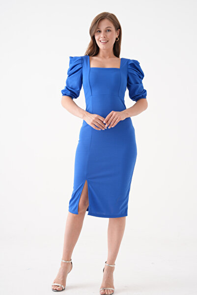 bayansepeti Γυναικείο Ευέλικτο Ύφασμα κρεπ Λεπτομέρεια ώμου Τετράγωνο γιακά Μίντι Μήκος Μπλε Φόρεμα 026