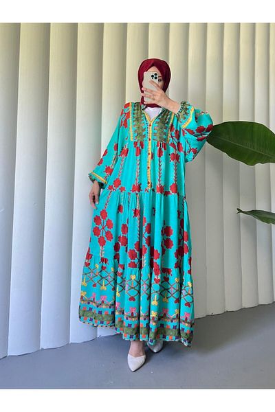 Modamorfo Viskose-Kleid mit elastischen Ärmeln, Stehkragen und halbem Knopf – Türkis