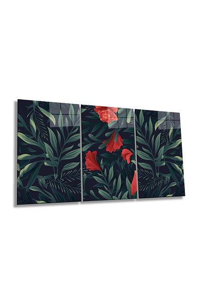 Rosyvien Red Floral Leaves Combination 3 Piece Set Glass Painting, Home and Office Wall Decoration, Luxury Gift