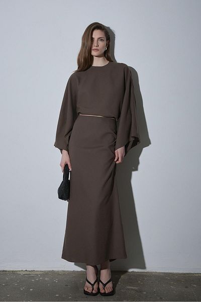 Suud Collection Brown Jaylen Bat Sleeve Linen Blouse