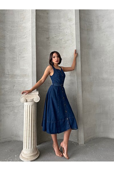 Miss Prova Τζιν φόρεμα με κουμπιά και λεπτομέρεια γιακά καρδιάς MISSEL920