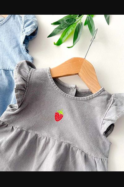 MYZİ STORE Newborn Baby Summer Strawberry Embroidered Denim Baby Rompers with Ruffled Sleeves