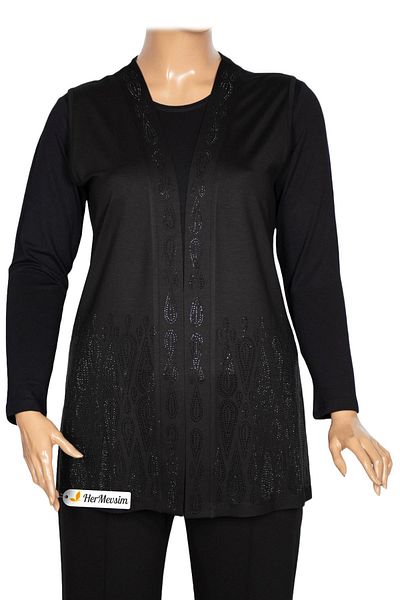 Hermevsim Hesna Women's Seren Large Size Stone Detailed Combed Cotton Black Vest