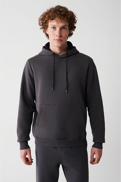 Avva Anthrazitfarbenes Herren-Sweatshirt mit Kapuze aus 3-fädiger Baumwolle E 001018