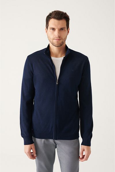 Avva Men's Navy Blue Wool Blended Half Zippered Stand Collar Cardigan E 005018
