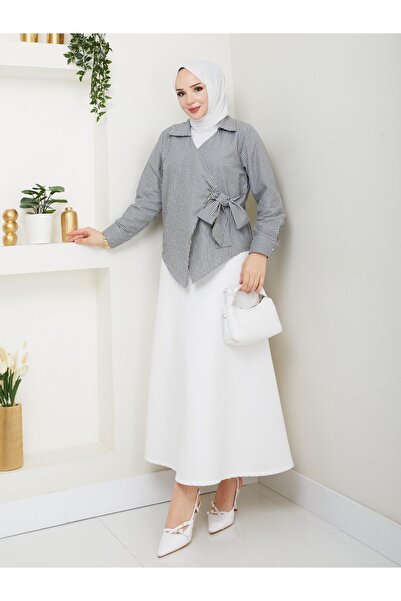 Bahar Altundemir قميص نسائي مخطط بحزام حجري وربطة جانبية قميص مخطط أسود تونيك