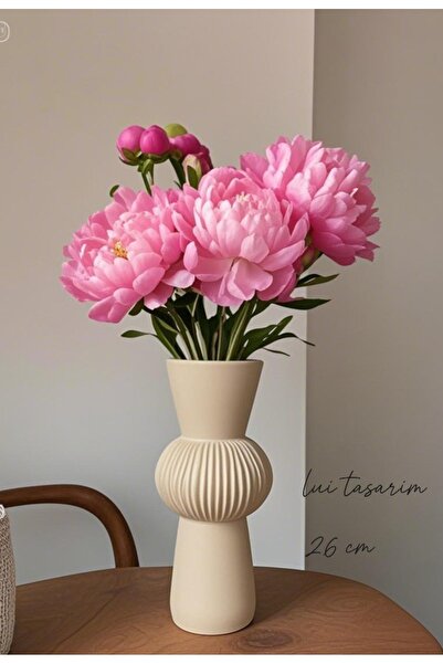 Lui Tasarım Krem Uzun Bohem Büyük Boy Seramik Nordic Tarz Şık Sade Iskandinav Tarzı Vazo Seramik 26cm