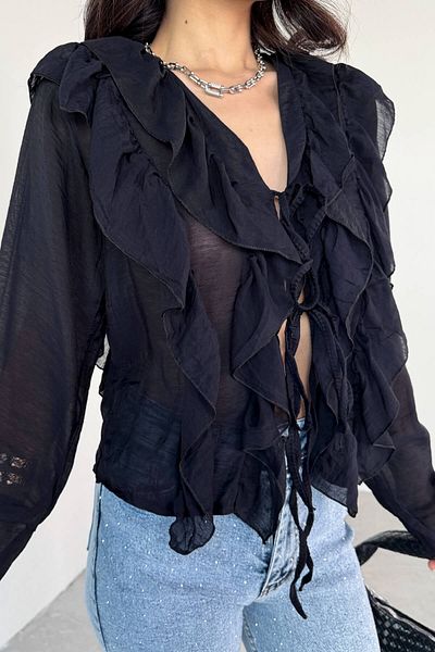 Cappmoda BLZ-06287 Μαύρο βολάν Λεπτομερής μακρυμάνικη μπλούζα με κορδόνια