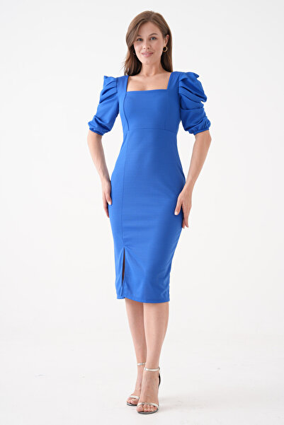 bayansepeti Ευέλικτο ύφασμα με τετράγωνο λαιμόκοψη μήκους Midi φόρεμα με κοντό μανίκι Μπλε μίντι 026