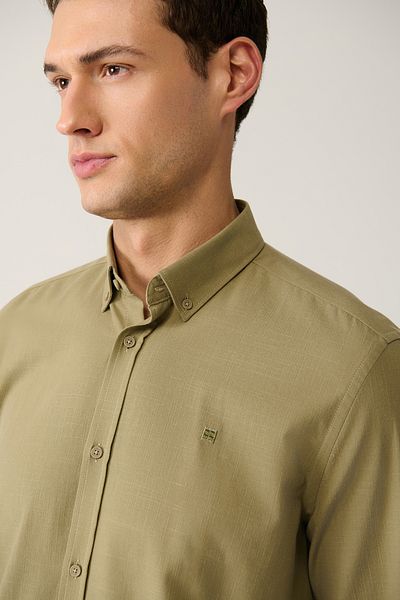 Avva Men's Khaki Buttoned Collar 100% Cotton Linen Textured Shirt E 002141