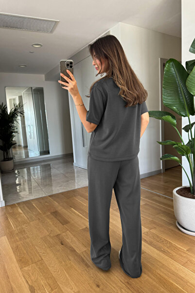 YAKAMEL Kadın Kısa Kollu Modal Penye Yüksek Bel Bol Paça Eşofman Takımı