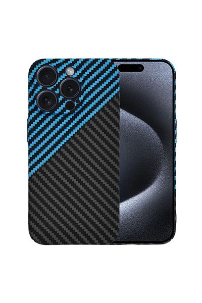 SKYDDAR INNOVATION Carcasă pentru iPhone 15 Pro, textură de carbon, Carbonite FiberShell, albastră, set de stickere
