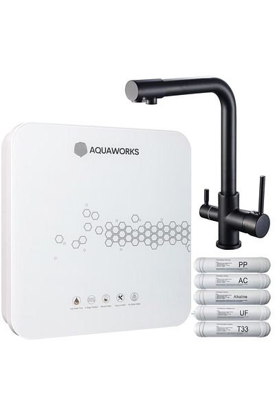 AquaWorks Water filter, AquaWorks™ Complete, includes black 3-way faucet, 5 stages of filtration